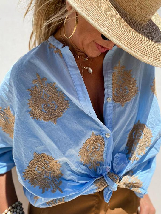 EB | mit Knopfleiste Boho Stil Lockere Passform Langarm Shirt Damen Leinenhemd