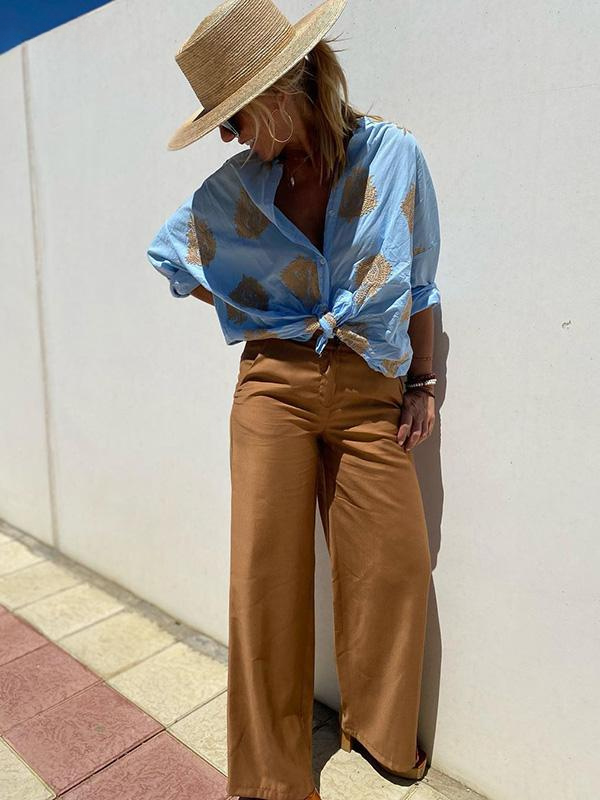 EB | mit Knopfleiste Boho Stil Lockere Passform Langarm Shirt Damen Leinenhemd