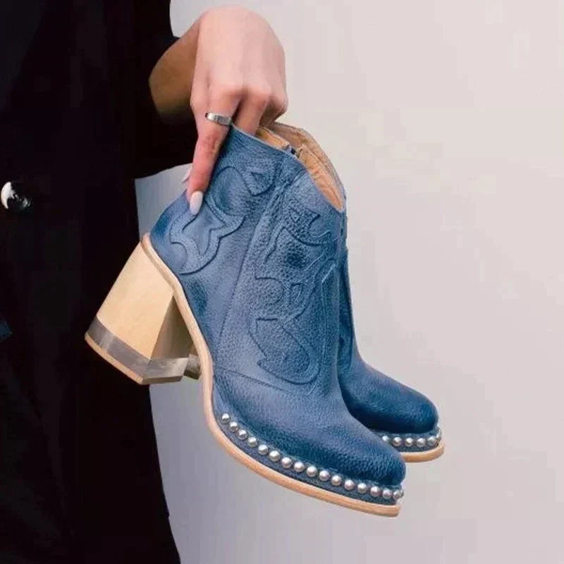 Bestickte Stiefel mit Blockabsatz und seitlichem Reißverschluss EB