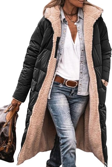 EB | Wendbare lange Sherpa-Pufferjacke (mit Kapuze)