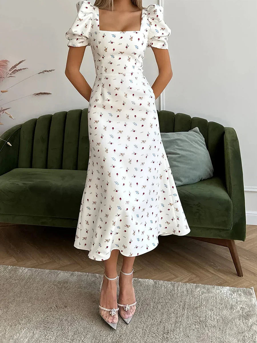 EB | Damen Sommer Rechteck-Ausschnitt Kleid Midi