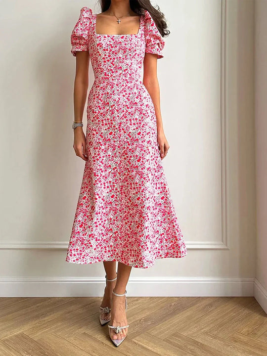EB | Damen Sommer Rechteck-Ausschnitt Kleid Midi
