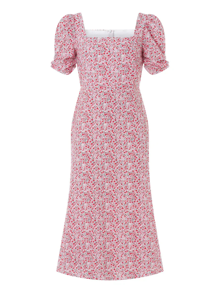 EB | Damen Sommer Rechteck-Ausschnitt Kleid Midi