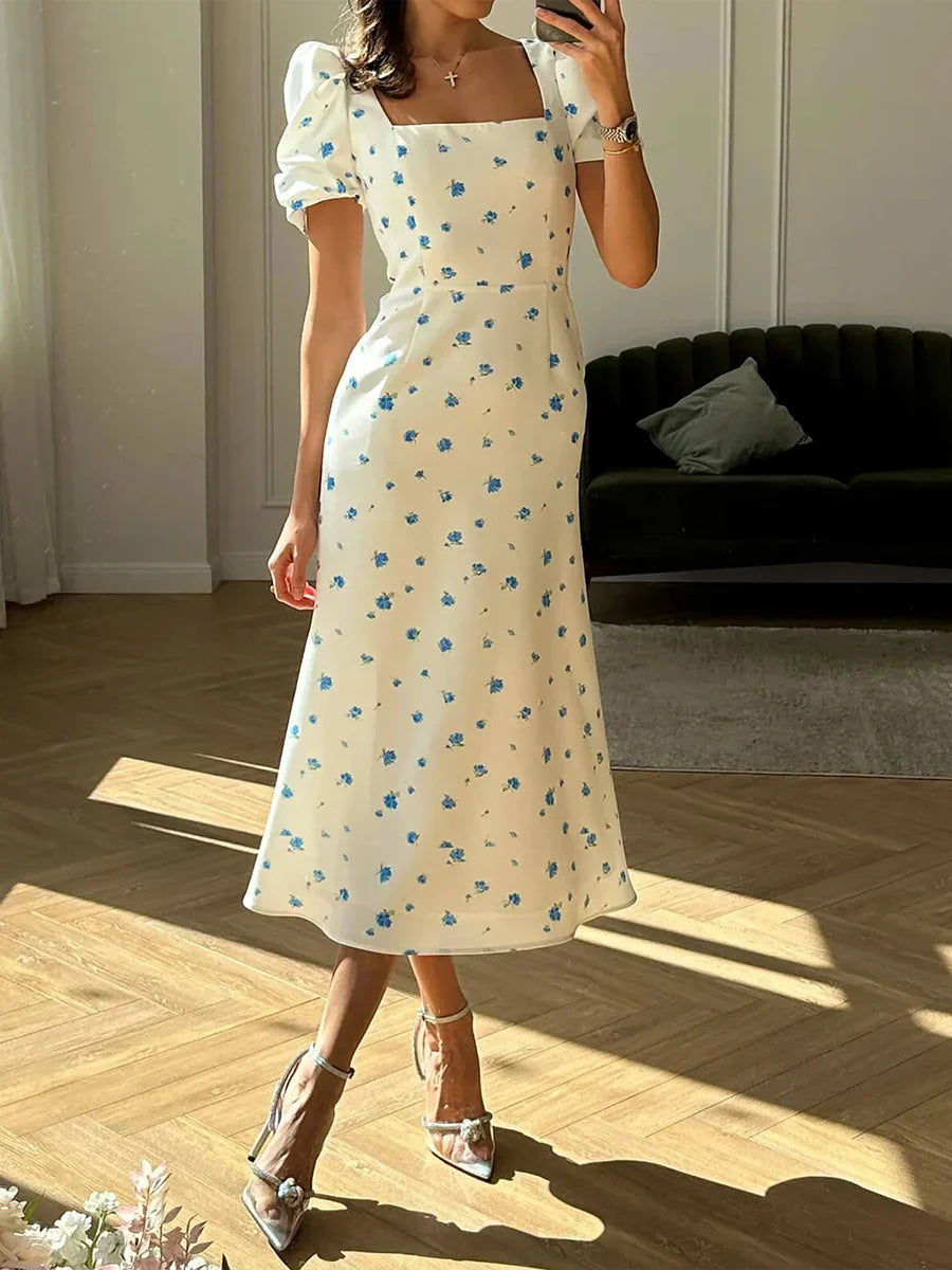 EB | Damen Sommer Rechteck-Ausschnitt Kleid Midi