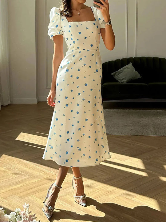 EB | Damen Sommer Rechteck-Ausschnitt Kleid Midi