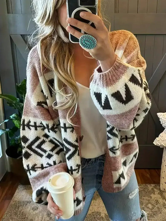 EB | Damen Strickcardigan mit Print und Farbblocks
