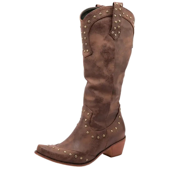 Damen Cowboy Stiefel Western Stil Imitationsleder mit Spitzem Zeh und Dekorativen Nieten EB