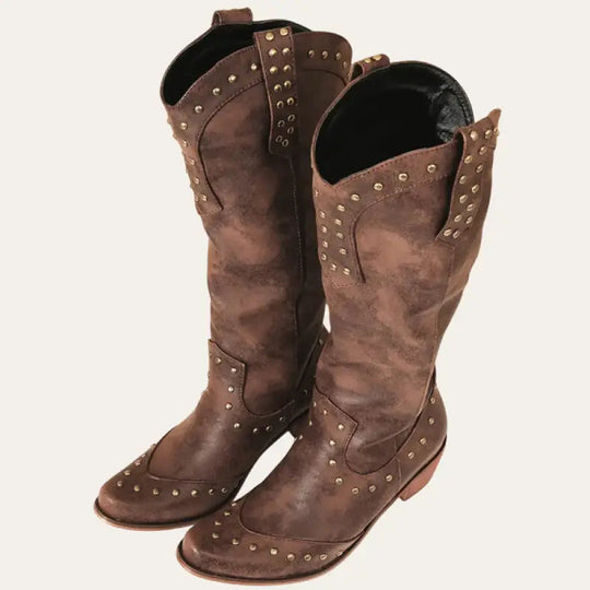 Damen Cowboy Stiefel Western Stil Imitationsleder mit Spitzem Zeh und Dekorativen Nieten EB