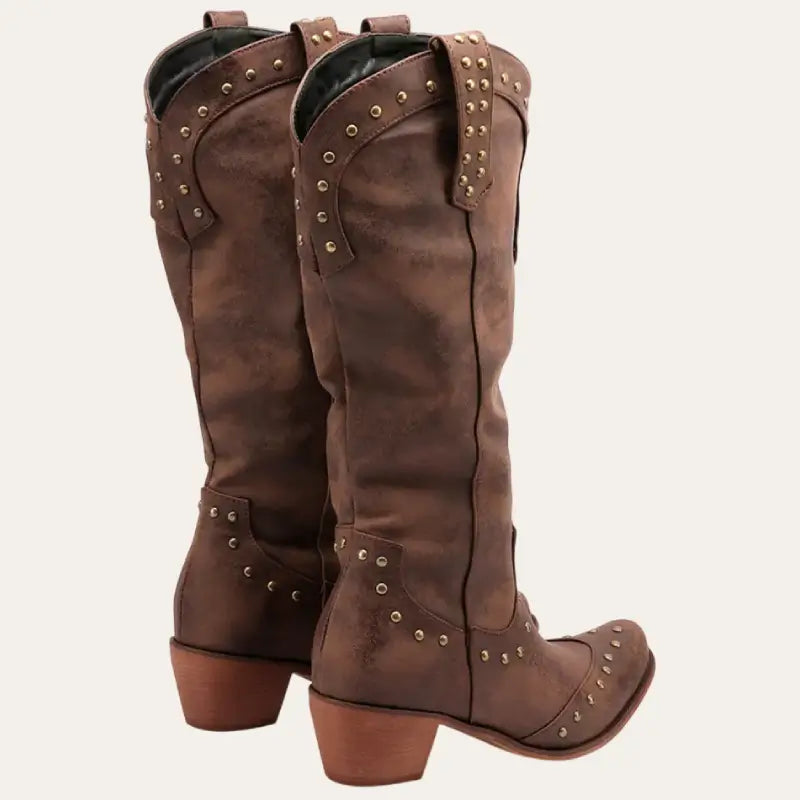 Damen Cowboy Stiefel Western Stil Imitationsleder mit Spitzem Zeh und Dekorativen Nieten EB