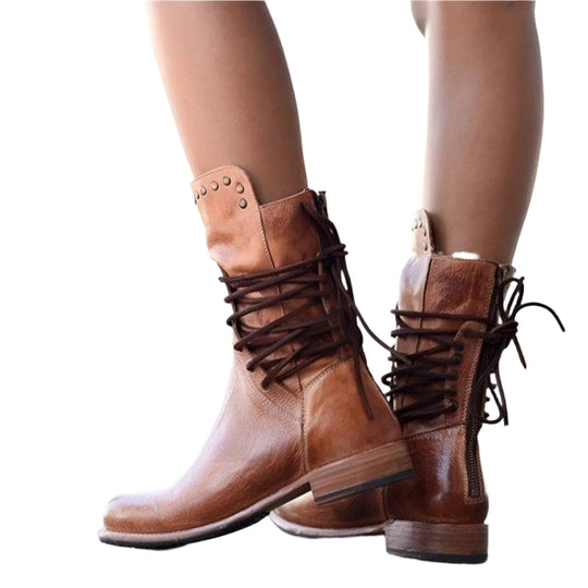 Damen Stiefeletten Leder Stil Schnürsenkel Klassisch Schwarz EB