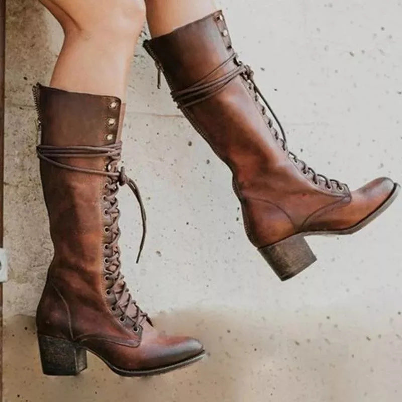 Damen Knielange Stiefel mit dickem Absatz Trendiger Stil EB