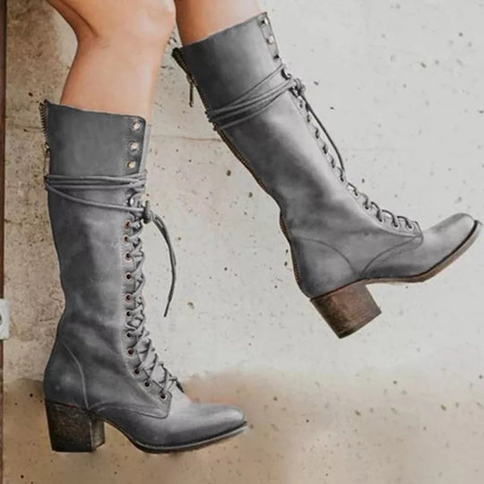 Damen Knielange Stiefel mit dickem Absatz Trendiger Stil EB