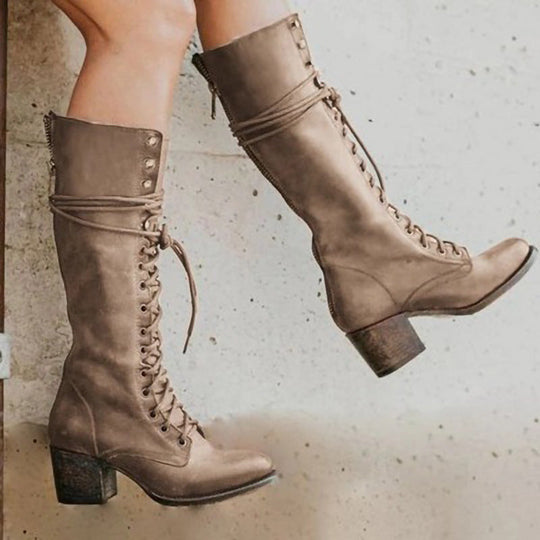 Damen Knielange Stiefel mit dickem Absatz Trendiger Stil EB