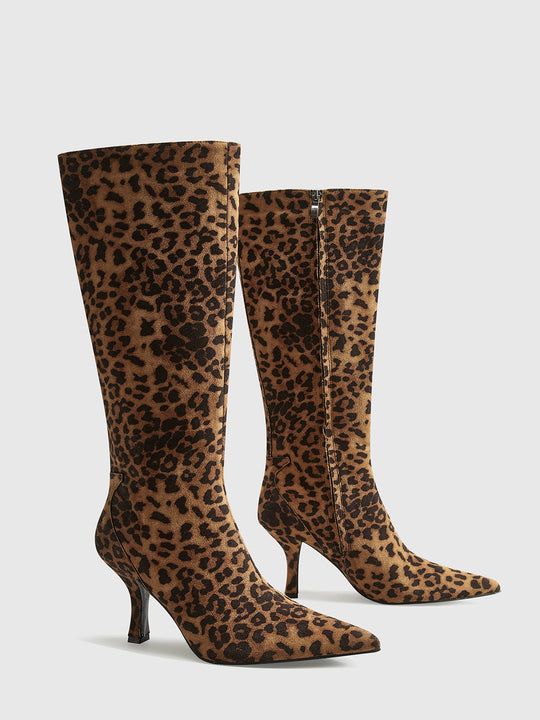 Damen Knielange Stiefel mit Leopardenmuster und Spitzenausschnitt EB