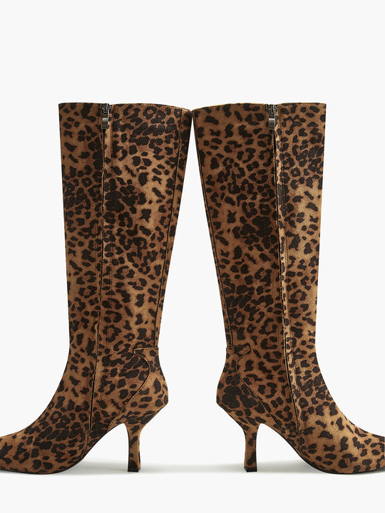 Damen Knielange Stiefel mit Leopardenmuster und Spitzenausschnitt EB