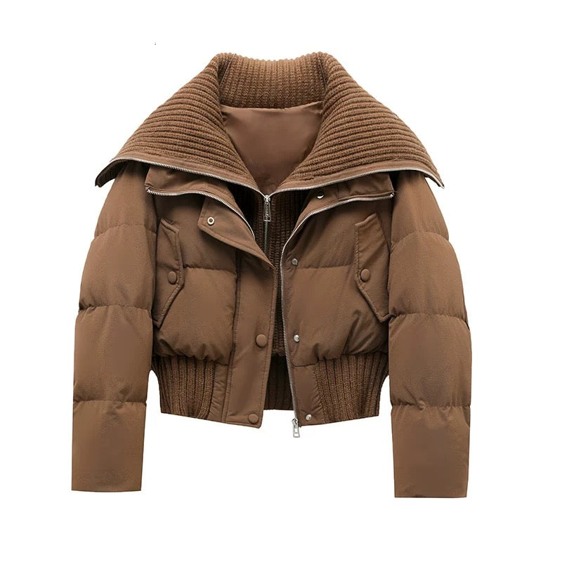 EB | Damen Kurze Puffer Winterjacke Gepolstert mit Rippstrickkragen