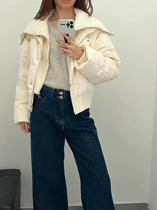 EB | Damen Kurze Puffer Winterjacke Gepolstert mit Rippstrickkragen