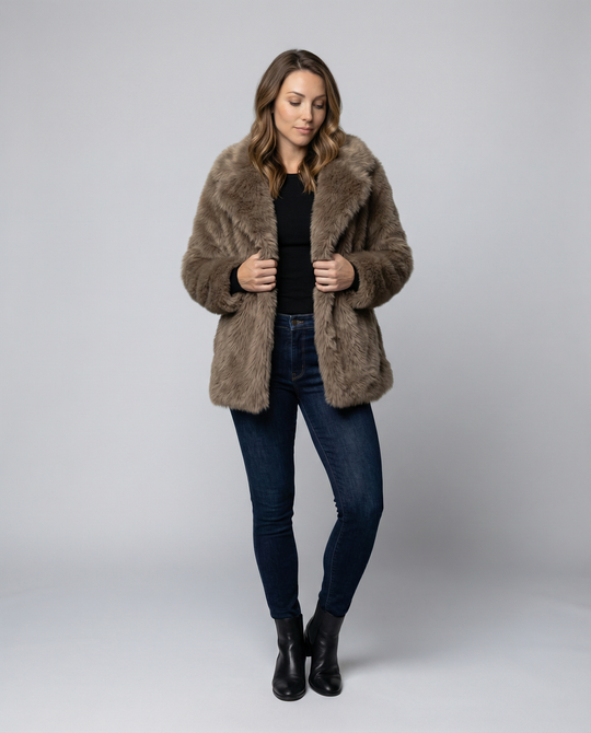 EB | Damen Kurze Jacke Aus Weichem Kunstfell mit Lockerer Passform