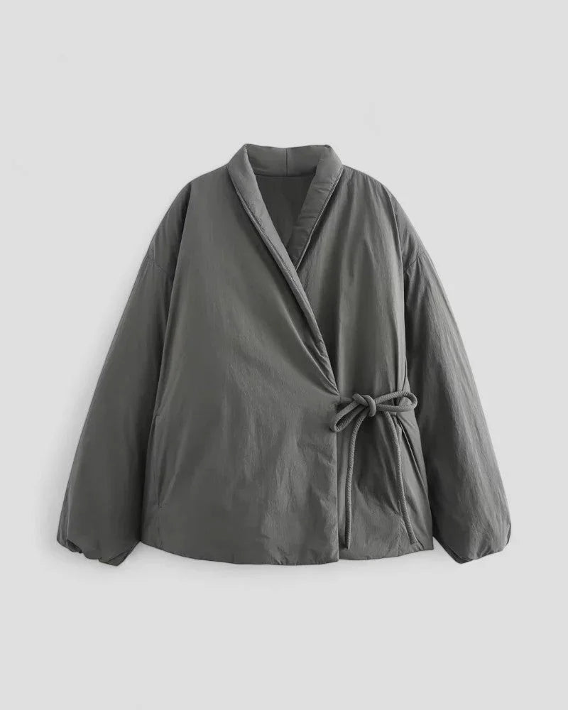 EB | Damen Kurze Gepolsterte Jacke mit Taillengürtel und Wickeldesign