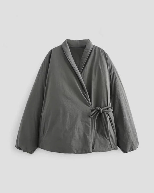 EB | Damen Kurze Gepolsterte Jacke mit Taillengürtel und Wickeldesign