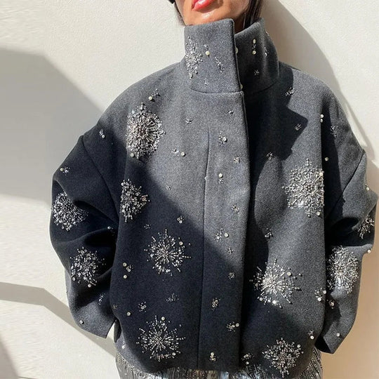 EB | Damen Bestickter Peacoat Mantel mit Perlen und Hohem Kragen