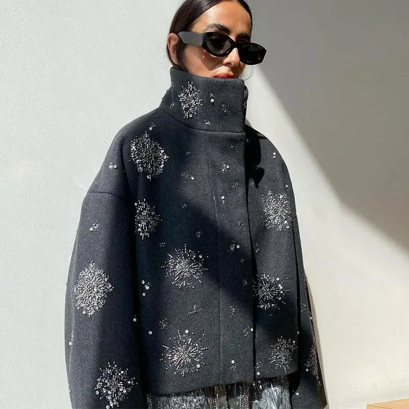 EB | Damen Bestickter Peacoat Mantel mit Perlen und Hohem Kragen