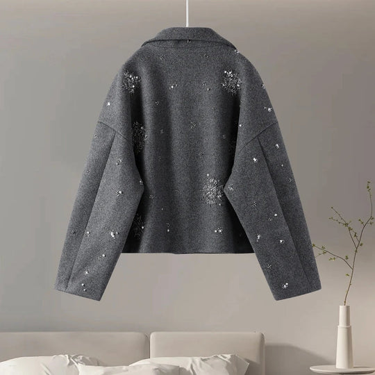 EB | Damen Bestickter Peacoat Mantel mit Perlen und Hohem Kragen