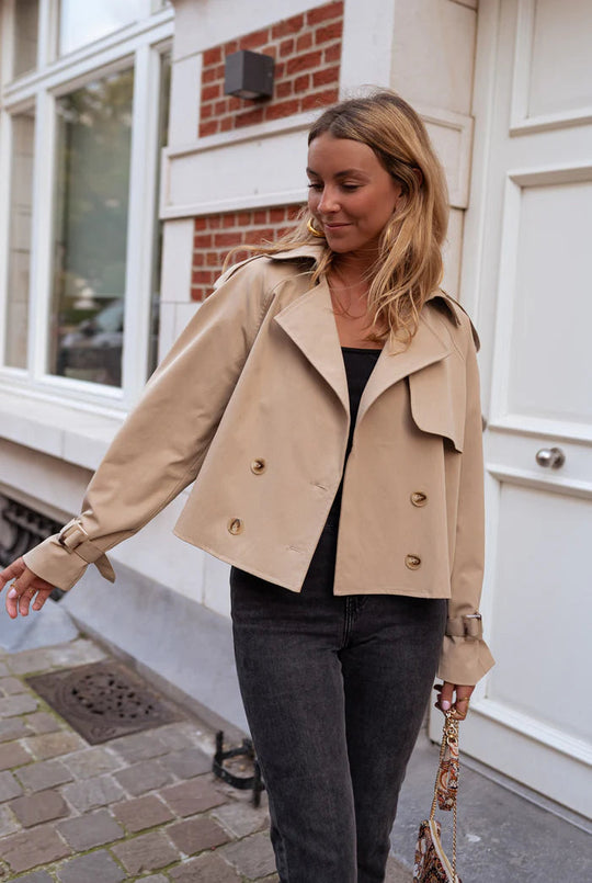 EB | Damen Gekürzter Trenchcoat mit Doppelreihe Knöpfen und Moderne Passform