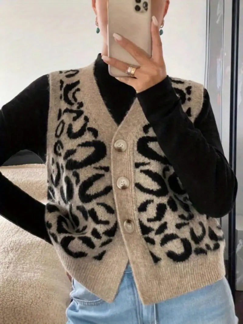 EB | Damen Strick Ärmellose Weste mit Leopardenmuster und Knopfverschluss