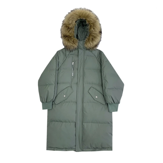 EB | Damen Lange Wattierte Pufferjacke mit Kapuze und Fellkragen