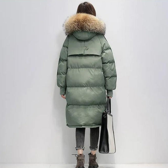 EB | Damen Lange Wattierte Pufferjacke mit Kapuze und Fellkragen