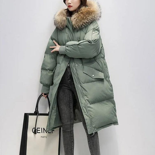 EB | Damen Lange Wattierte Pufferjacke mit Kapuze und Fellkragen
