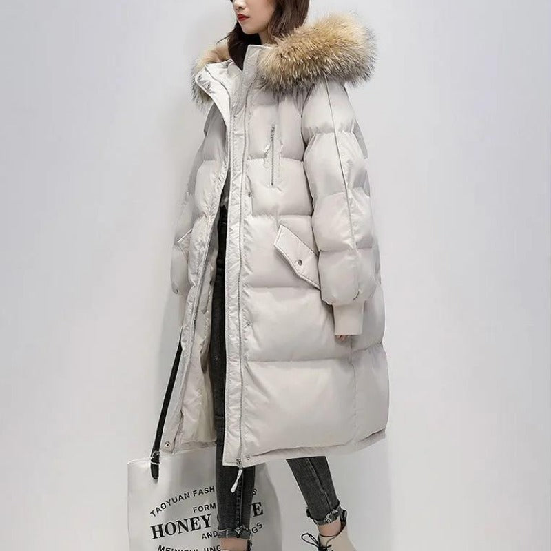 EB | Damen Lange Wattierte Pufferjacke mit Kapuze und Fellkragen
