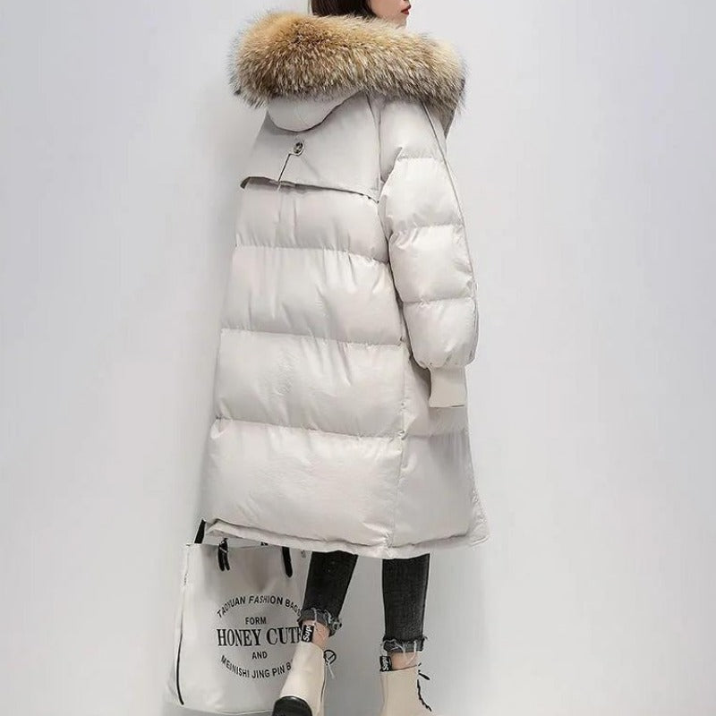 EB | Damen Lange Wattierte Pufferjacke mit Kapuze und Fellkragen