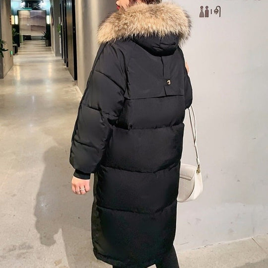 EB | Damen Lange Wattierte Pufferjacke mit Kapuze und Fellkragen