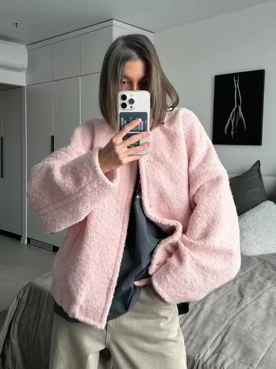 EB | Damen Kurze Bouclé Jacke mit Knöpfen und Lockerer Passform