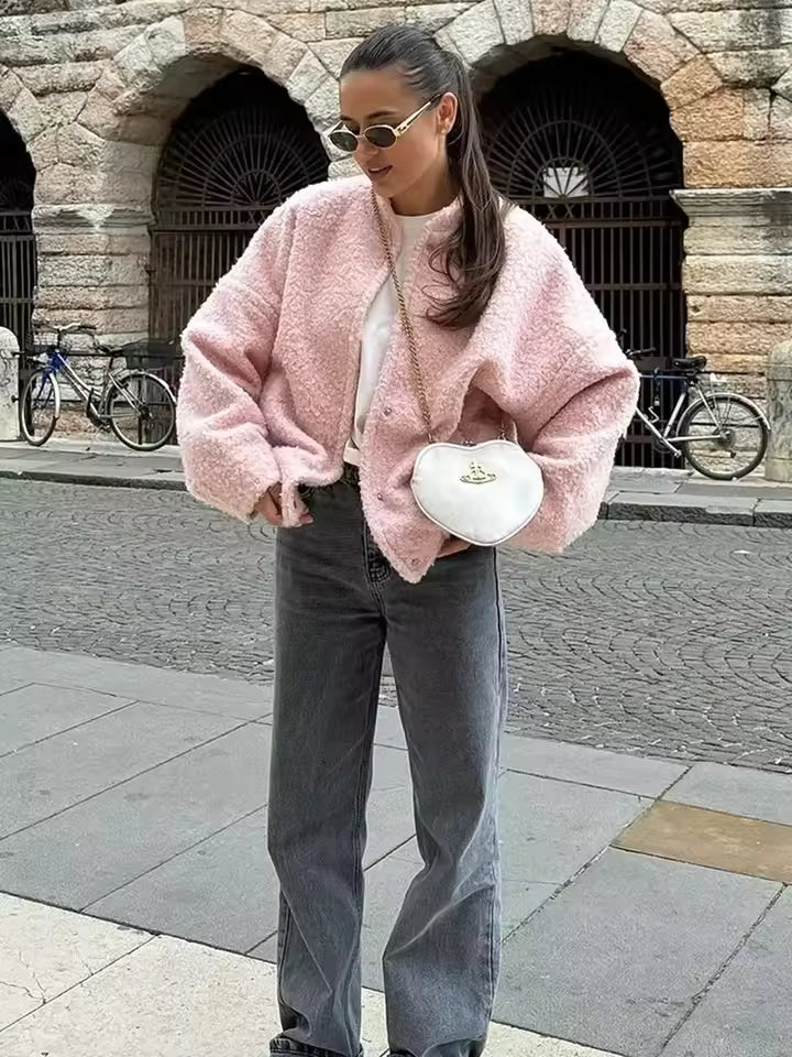 EB | Damen Kurze Bouclé Jacke mit Knöpfen und Lockerer Passform