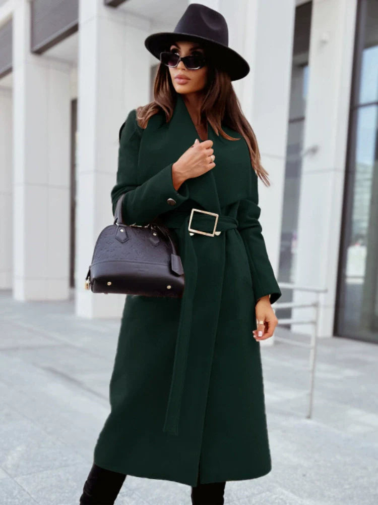 EB | Damen Lange Jacke mit Gürtel und Drapiertem Revers In Wolloptik