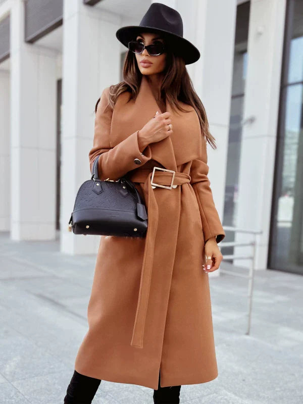 EB | Damen Lange Jacke mit Gürtel und Drapiertem Revers In Wolloptik
