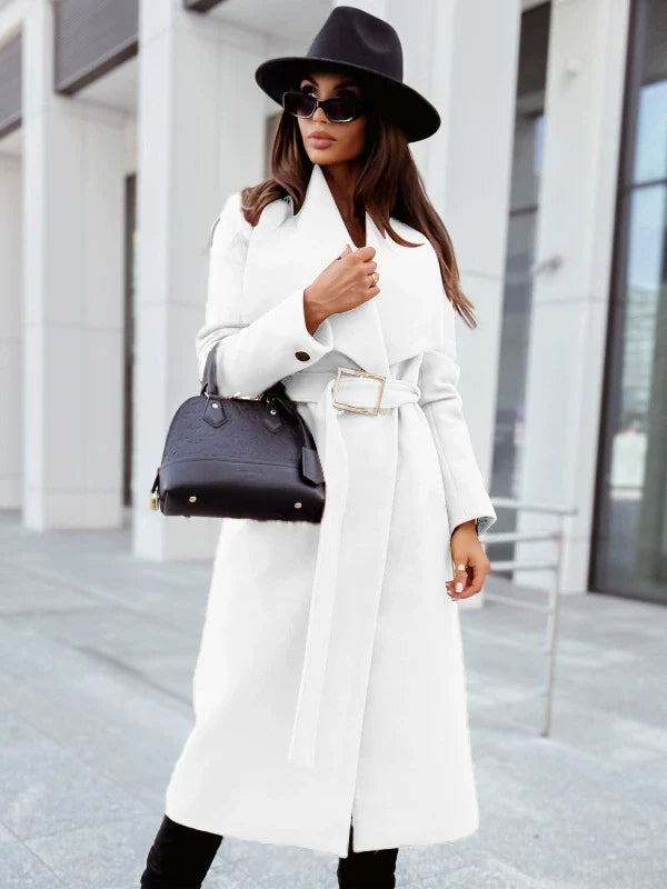 EB | Damen Lange Jacke mit Gürtel und Drapiertem Revers In Wolloptik