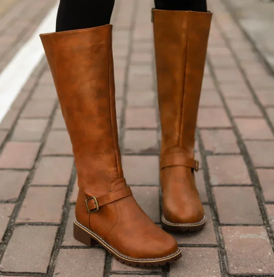 Damenstiefel - Niedriger Absatz - Reißverschluss hinten - kniehohe Stiefel - Stiefel mit Absatz EB