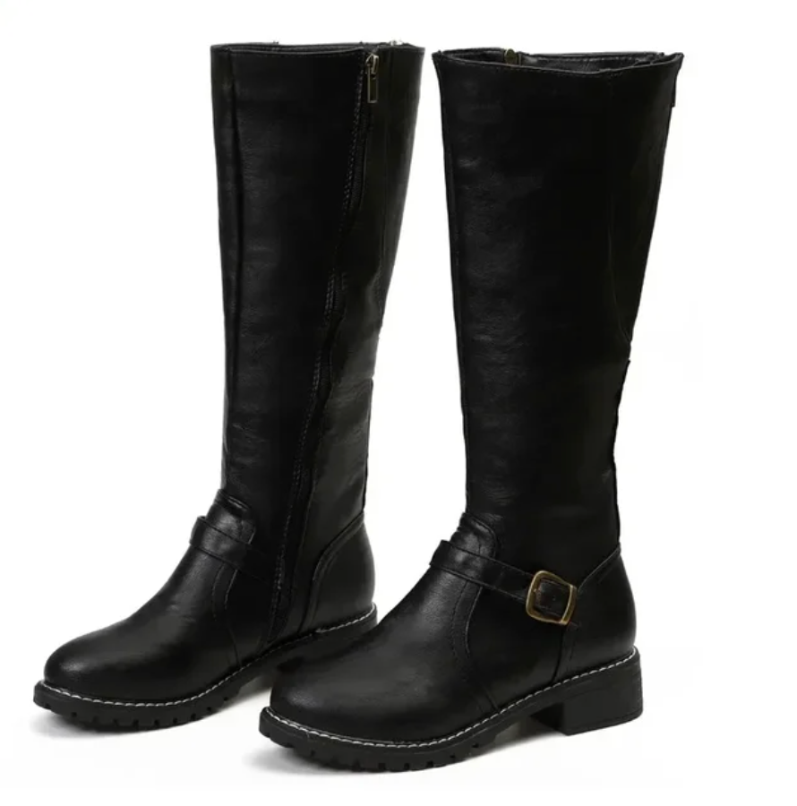 Damenstiefel - Niedriger Absatz - Reißverschluss hinten - kniehohe Stiefel - Stiefel mit Absatz EB