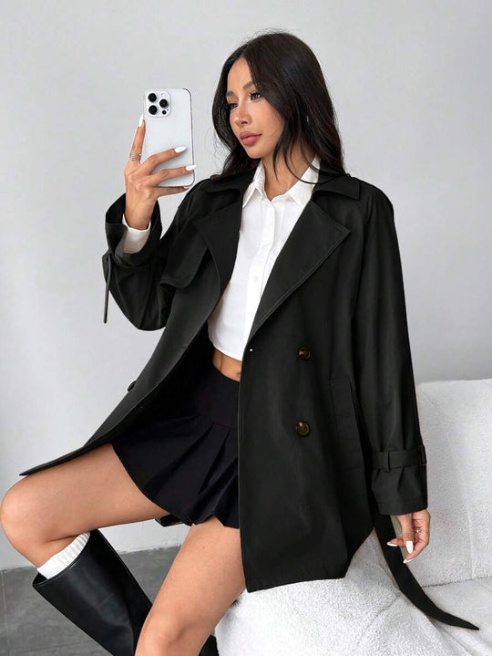 EB | Damen Kurze Regenjacke mit Schleifenbund und Doppelter Knopfleiste