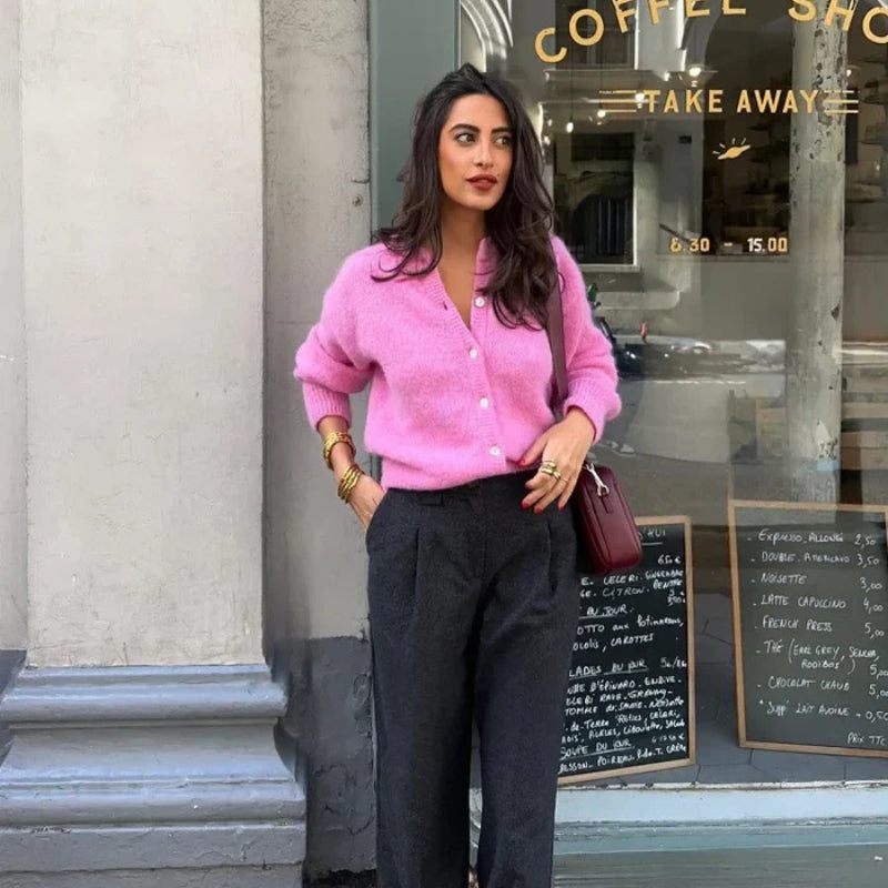 EB | Damen Rosa Cardigan mit Rundhals und Knopfverschluss