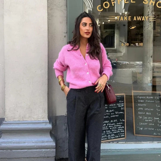 EB | Damen Rosa Cardigan mit Rundhals und Knopfverschluss