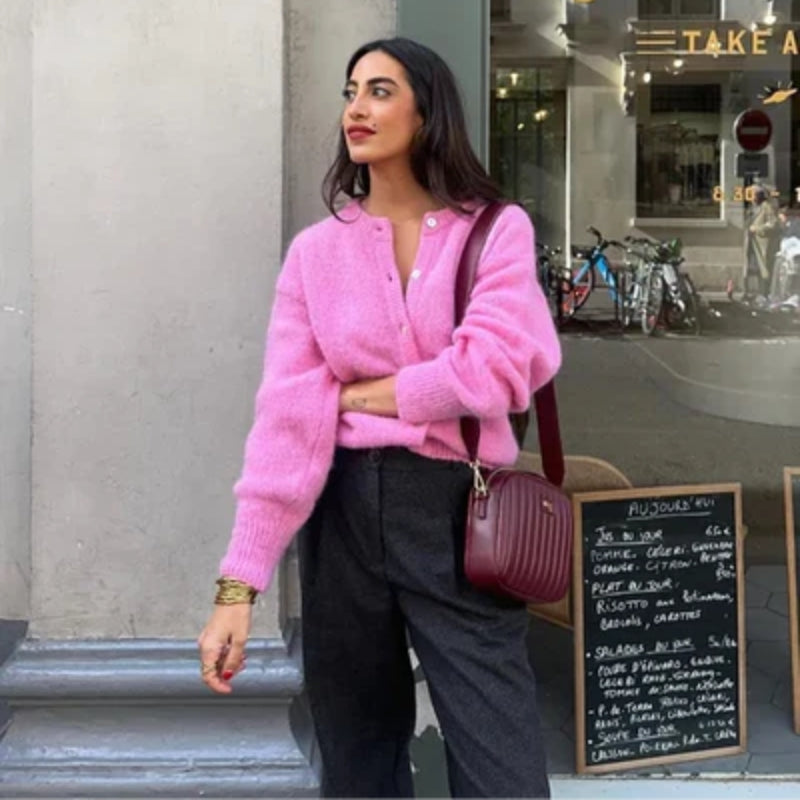 EB | Damen Rosa Cardigan mit Rundhals und Knopfverschluss