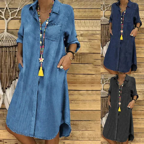 EB | Jeans Midi-Kleid mit Umgeschlagenen Ärmeln und Brusttasche.
