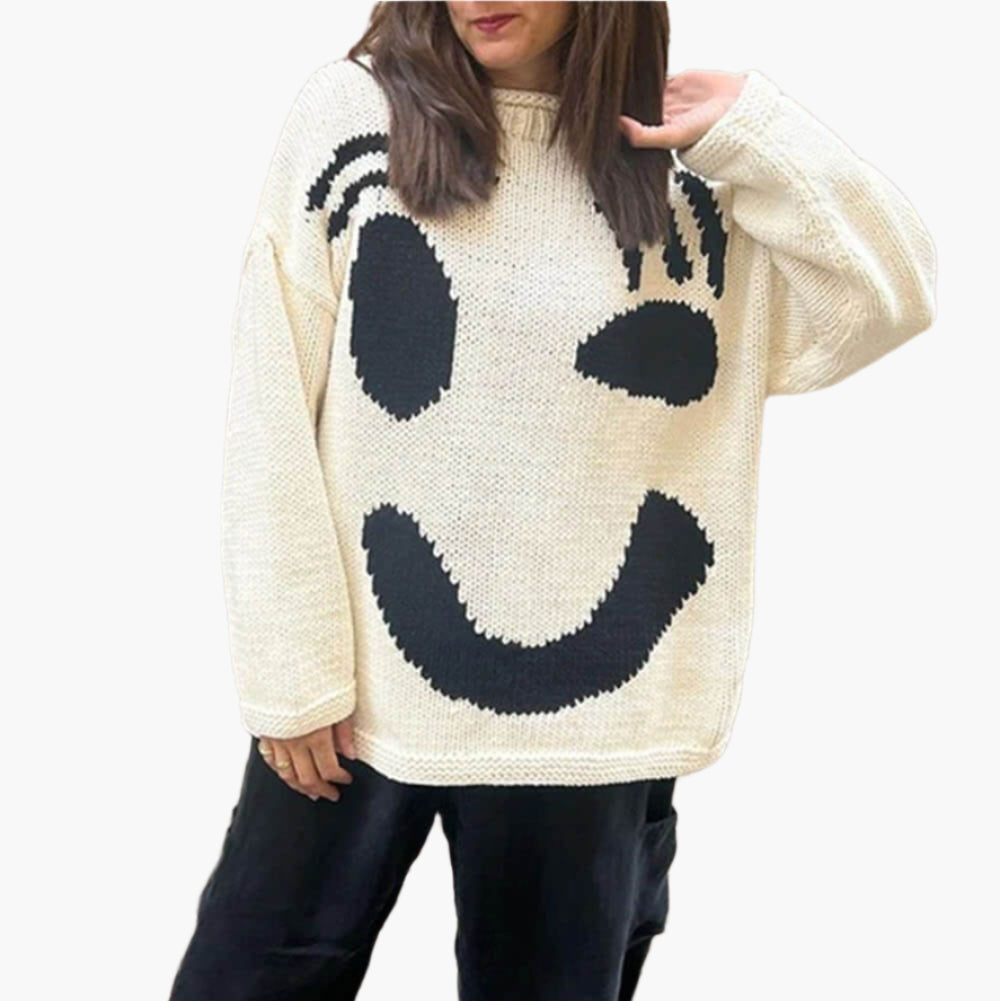 EB | Strickpullover Im Künstlerstil - Gemütlicher Freizeit-Jumper mit Abstraktem Gesichtsmuster