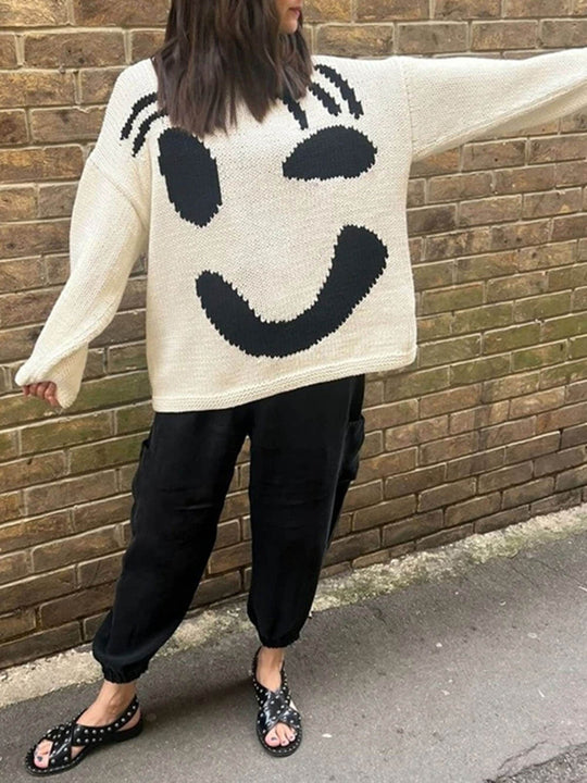 EB | Strickpullover Im Künstlerstil - Gemütlicher Freizeit-Jumper mit Abstraktem Gesichtsmuster