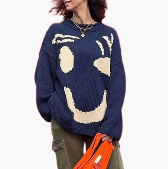 EB | Strickpullover Im Künstlerstil - Gemütlicher Freizeit-Jumper mit Abstraktem Gesichtsmuster